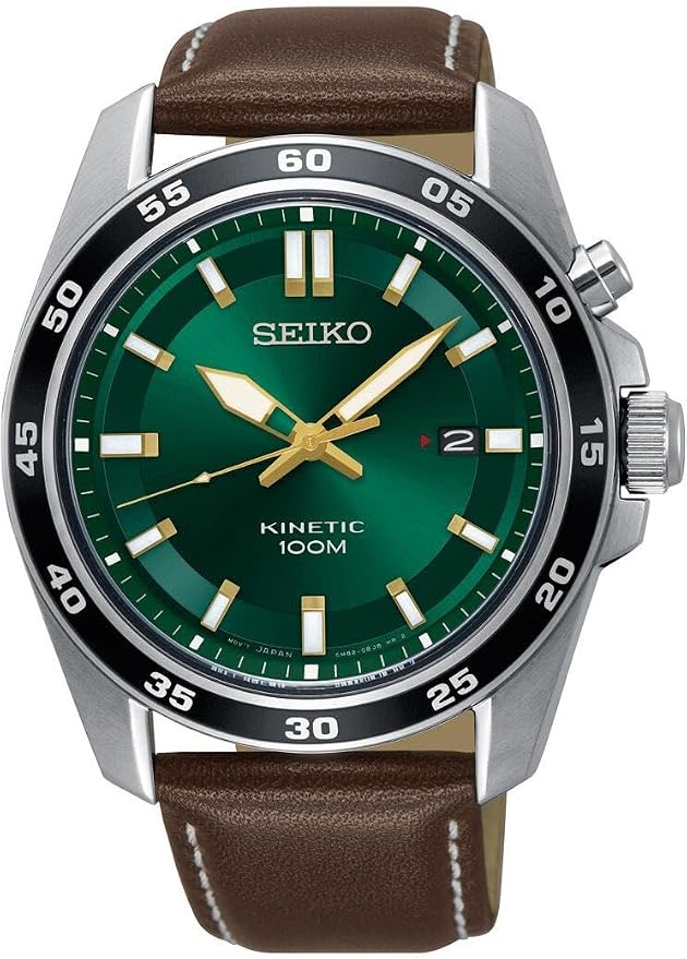 Seiko Herren-Uhr Kinetik Edelstahl mit Lederband, Verde, One Size